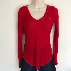 Red Abercrombie Waffle Knit Vneck Long Sleeve